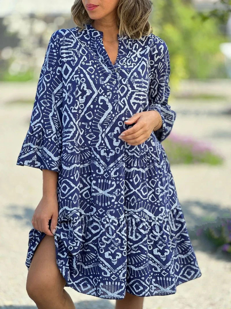 V-Neck Flared Sleeve Romantic Print Splicing Dress For Women