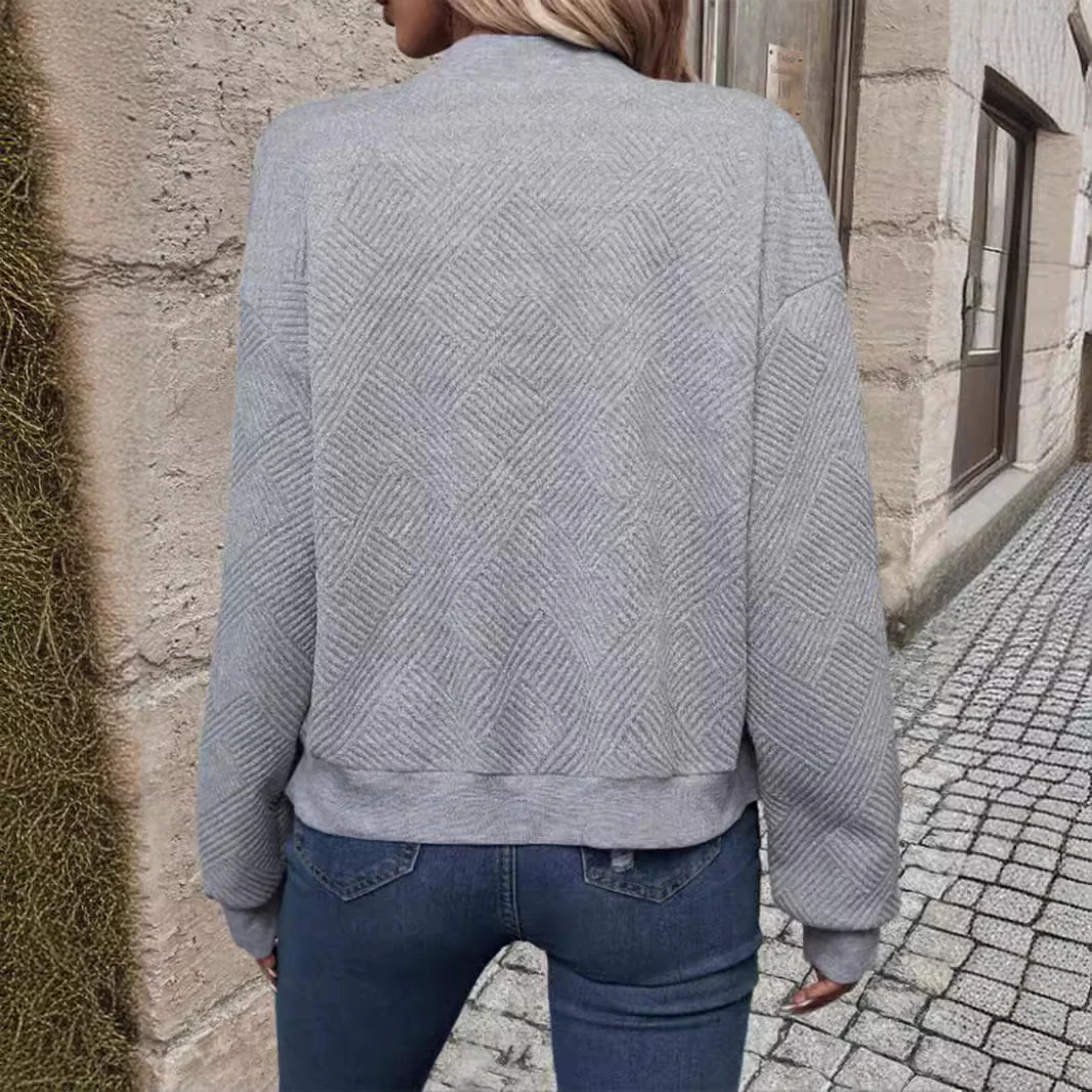 New Fashionable Plaid Zipper Round Neck Long Sleeve Jacket Women