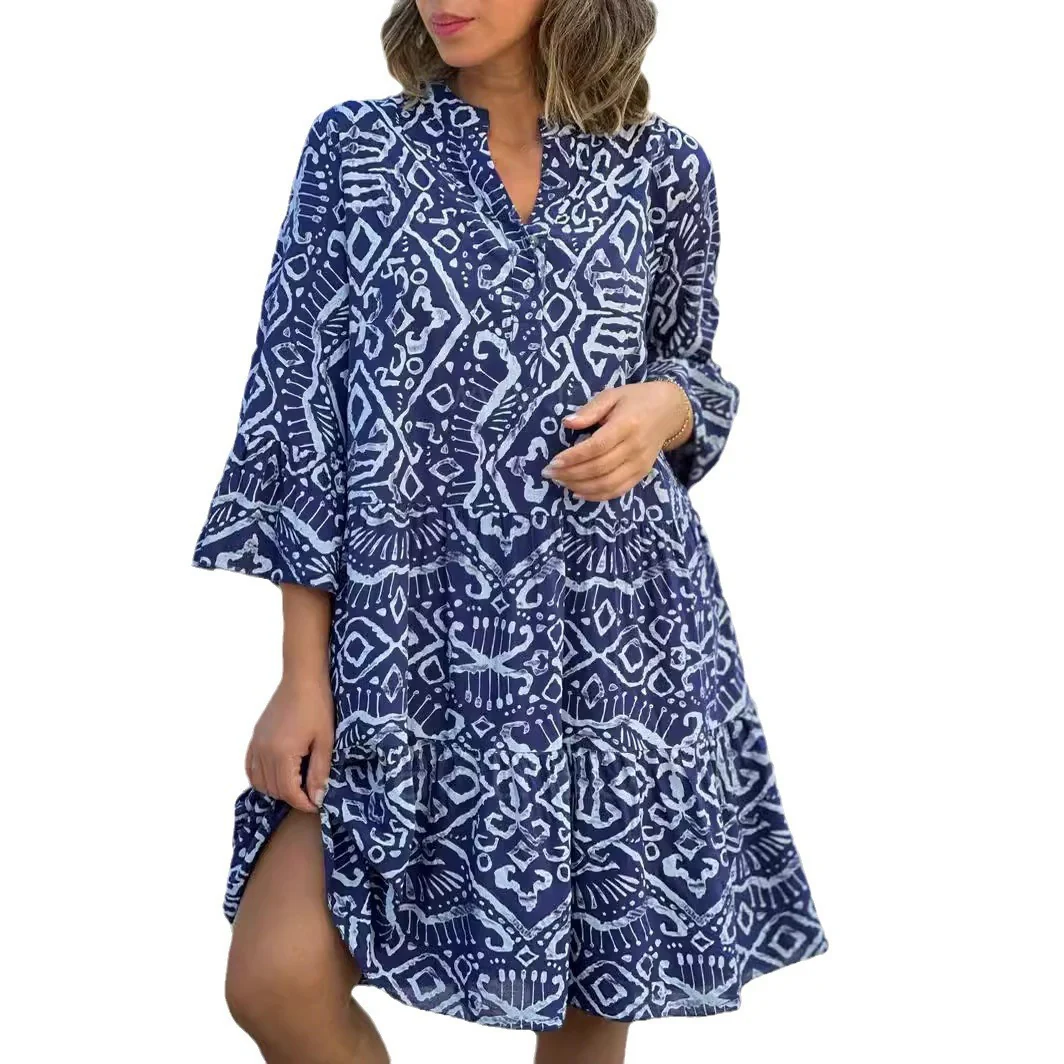 V-Neck Flared Sleeve Romantic Print Splicing Dress For Women
