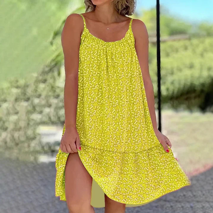 Casual Style Printed Sleeveless Large Sling Suspender Dress